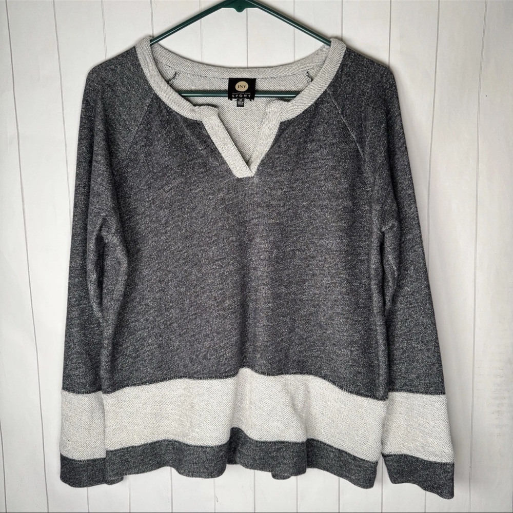 Jones New‎ York Sport Gray Striped Cotton V-neck Sweatshirt Athleisure Casual M